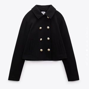 Zara Military Double Breasted Cropped Black Winter Coat with gold buttons